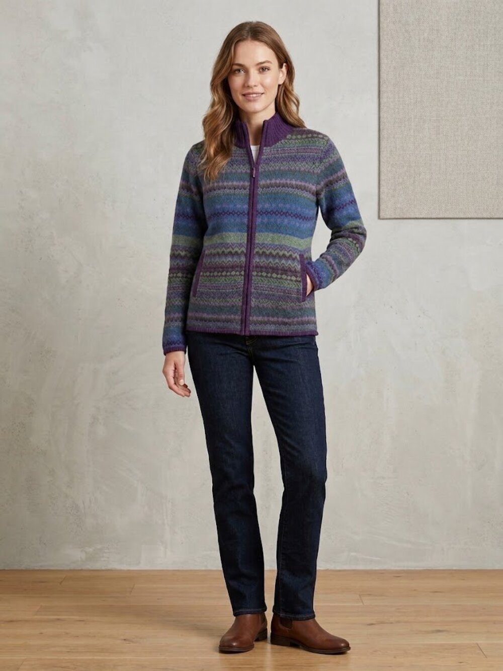 Woolrich 100% Lambswool Fair Isle Zip-Up Sweater in Purple